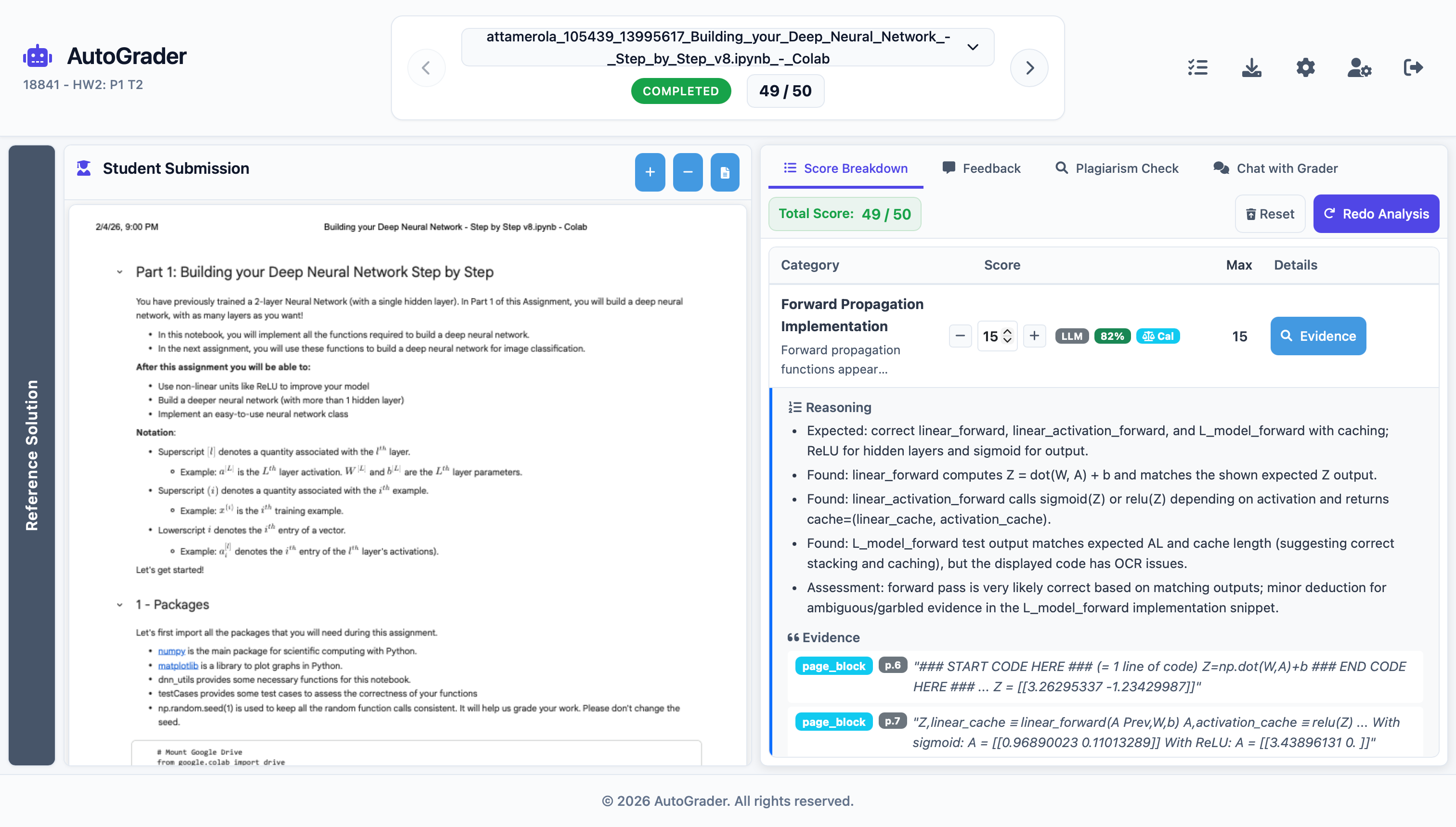 AutoGrader human-in-the-loop review interface showing student submission, score breakdown and evidence